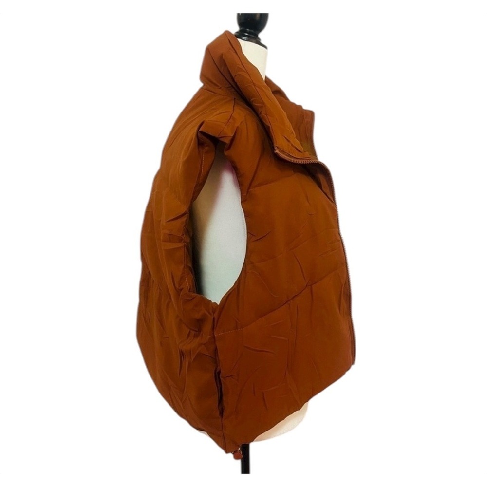 Puffer Shorty Vest Women's XL Brown Stand Collar Sleeveless Zip Up Outerwear - Picture 6 of 8